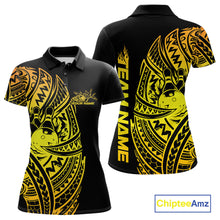 Load image into Gallery viewer, Front and back views of a black and gold womens bowling polo shirt showcasing bowling artwork framed by bold tribal swirls.
