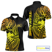 Load image into Gallery viewer, Front and back views of a black and gold mens bowling polo shirt featuring bowling pins and a ball framed by striking Polynesian tribal swirls.