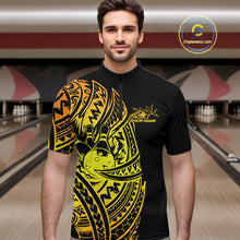 Load image into Gallery viewer, Male model wearing a black and gold bowling quarter-zip shirt at the lane with Polynesian-style bowling artwork.