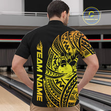Load image into Gallery viewer, Front view of a male model in a black and gold bowling quarter-zip shirt showcasing tribal swirl bowling motifs.