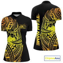 Load image into Gallery viewer, Front and back views of a black and gold womens bowling quarter-zip shirt with bowling ball and pin graphics accented by bold tribal swirls.