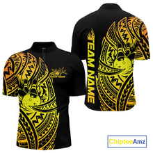 Load image into Gallery viewer, Front and back views of a black and gold mens bowling quarter-zip shirt with bowling ball and pin graphics framed by bold tribal patterns.