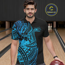 Load image into Gallery viewer, Male model wearing a black and blue bowling polo shirt at the bowling lane with striking tribal bowling graphics and swirl accents.