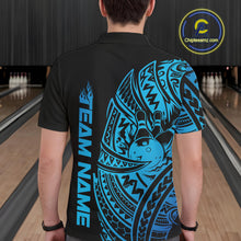 Load image into Gallery viewer, Back view of a male model in a black and blue bowling polo shirt featuring bowling ball and pin artwork framed by bold tribal swirls and Polynesian patterns.