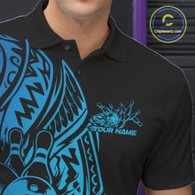 Load image into Gallery viewer, Left chest close-up of a black and blue bowling polo shirt showcasing bowling graphics accented by bold tribal swirl details.