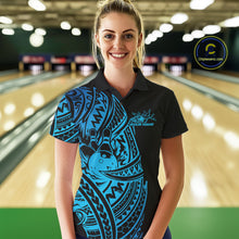 Load image into Gallery viewer, Female model wearing a black and blue bowling polo shirt at the bowling lane with Polynesian-inspired bowling motifs.