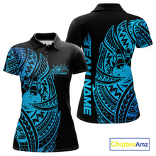 Load image into Gallery viewer, Front and back views of a black and blue womens bowling polo shirt featuring bowling pins and a ball framed by bold tribal patterns.