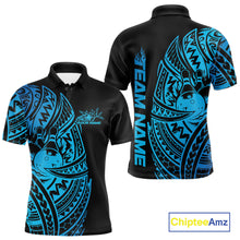 Load image into Gallery viewer, Front and back views of a black and blue mens bowling polo shirt featuring bowling pins and a ball framed by bold tribal swirls and Polynesian patterns.