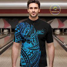 Load image into Gallery viewer, Male model wearing a black and blue bowling quarter-zip shirt at the bowling lane with Polynesian-inspired bowling details.