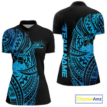 Load image into Gallery viewer, Front and back views of a black and blue womens bowling quarter-zip shirt featuring bowling graphics framed by bold tribal swirls.