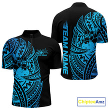 Load image into Gallery viewer, Front and back views of a black and blue mens bowling quarter-zip shirt showcasing bowling artwork accented by bold tribal swirls.