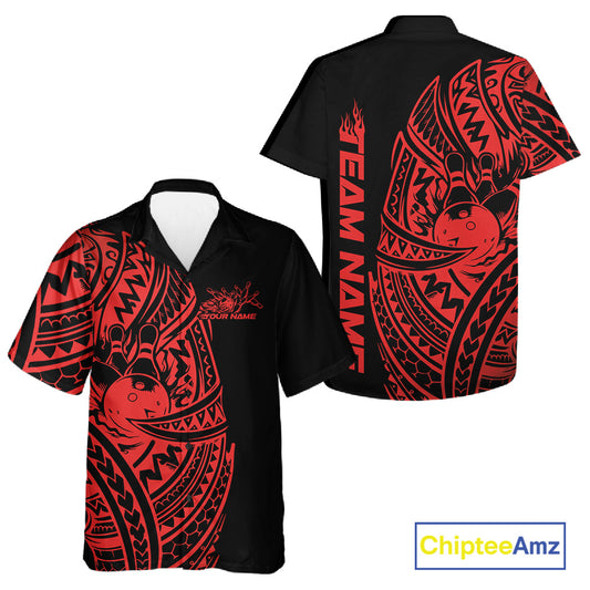 Front and back views of a black and red button-up bowling shirt featuring bowling graphics surrounded by bold tribal swirl accents.