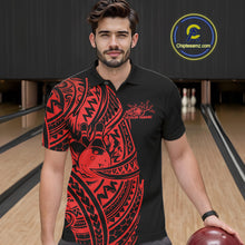 Load image into Gallery viewer, Male model wearing a black and red bowling polo shirt at the lane with tribal-inspired bowling graphics.