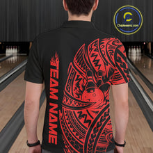 Load image into Gallery viewer, Back view of a male model in a black and red bowling polo shirt featuring bold swirl accents and bowling motifs.