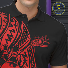 Load image into Gallery viewer, Close-up left chest detail of a black and red bowling polo shirt displaying Polynesian-style bowling artwork.