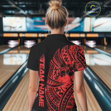 Load image into Gallery viewer, Back view of a female model in a black and red bowling polo shirt featuring tribal bowling artwork and bold swirl accents.