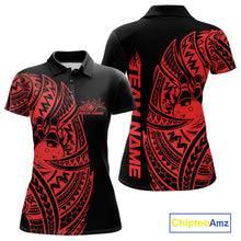 Load image into Gallery viewer, Front and back views of a black and red womens bowling polo shirt showcasing bowling ball and pin graphics framed by Polynesian-style swirls.
