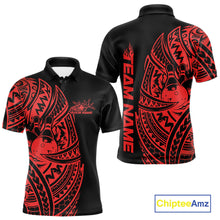 Load image into Gallery viewer, Front and back views of a black and red mens bowling polo shirt showcasing bowling ball and pin artwork surrounded by bold Polynesian swirls.