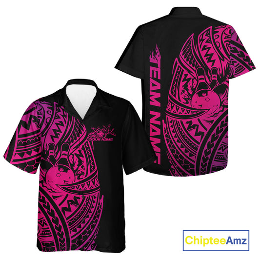 Front and back views of a black and pink button-up bowling shirt showcasing bowling ball and pin artwork framed by bold tribal swirls and Polynesian patterns.