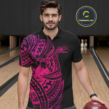 Load image into Gallery viewer, Male model wearing a black and pink bowling polo shirt at the bowling lane with Polynesian-inspired bowling artwork.