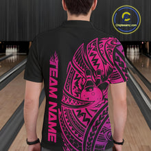 Load image into Gallery viewer, Back view of a male model in a black and pink bowling polo shirt displaying bold tribal swirl bowling graphics.