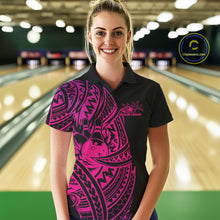 Load image into Gallery viewer, Female model wearing a black and pink bowling polo shirt at the bowling lane with Polynesian-inspired bowling graphics.