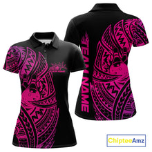 Load image into Gallery viewer, Front and back views of a black and pink womens bowling polo shirt featuring bowling pins and a ball framed by bold tribal swirls.