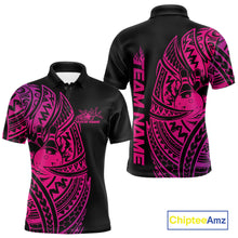 Load image into Gallery viewer, Front and back views of a black and pink mens bowling polo shirt featuring bowling ball and pin graphics framed by bold tribal swirls.