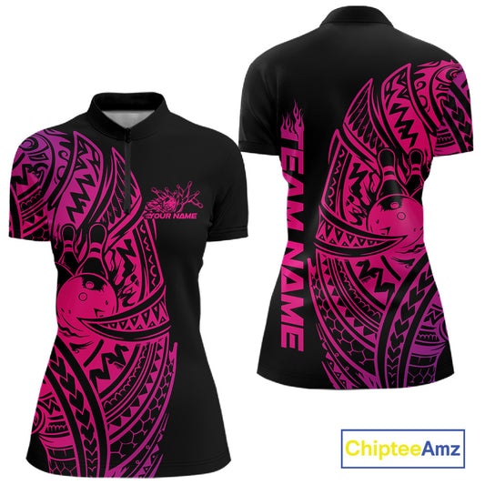 Front and back views of a black and pink womens bowling quarter-zip shirt featuring bowling ball and pins framed by bold tribal swirls.