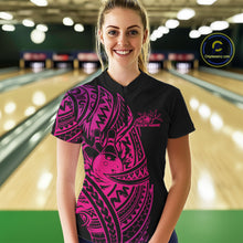 Load image into Gallery viewer, Female model wearing a black and pink bowling quarter-zip shirt at the bowling lane with bold Polynesian-inspired bowling artwork.