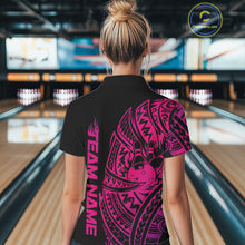 Load image into Gallery viewer, Back view of a female model in a black and pink bowling quarter-zip shirt displaying tribal swirl bowling graphics.