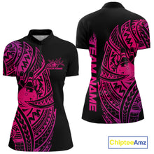 Load image into Gallery viewer, Front and back views of a black and pink womens bowling quarter-zip shirt featuring bowling ball and pins framed by bold tribal swirls.