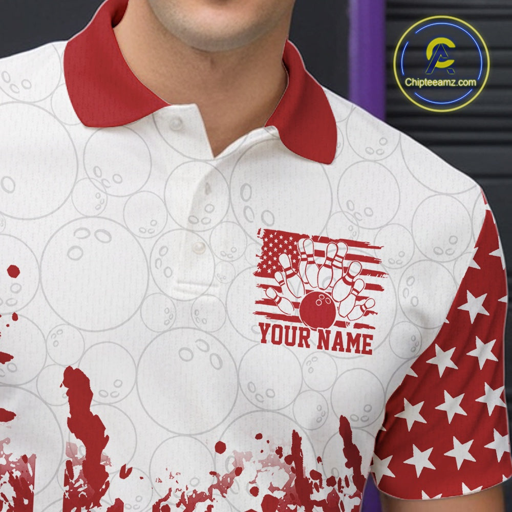 White polo shirt with red and white star pattern, bowling design, and 'Your Name' text.