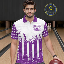 Load image into Gallery viewer, Male bowler posing on a lane wearing a personalized purple US flag performance bowling polo team shirt.