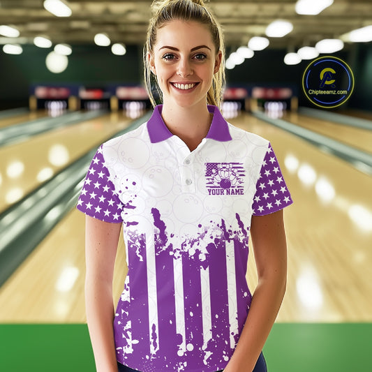 Female bowler posing on a lane wearing a personalized purple US flag performance bowling polo team shirt.