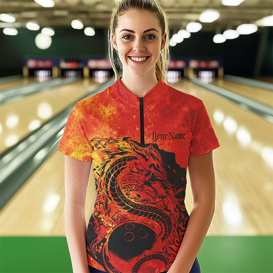 Custom Red Flame Viking Dragon Bowling Womens Quarter-Zip Team Shirt, Bowling League Shirts IPHW8585