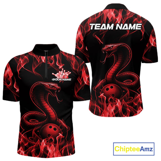 Custom Black And Red Flame Cobra Snake Bowling Men Shirts, Bowling League Shirt IPHW10765