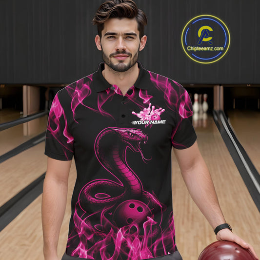 Custom Black And Pink Flame Cobra Snake Bowling Men Shirts, Bowling League Shirt IPHW10766