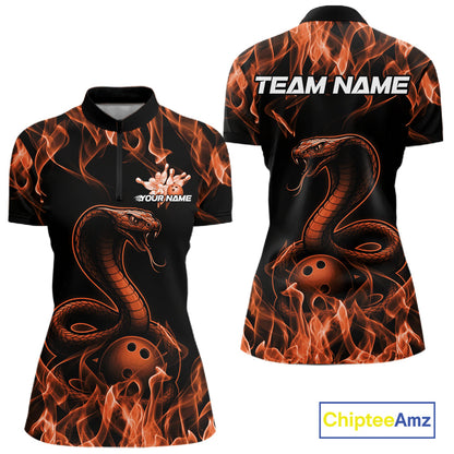 Custom Black And Orange Flame Cobra Snake Bowling Women Shirts, Bowling League Shirt IPHW10767