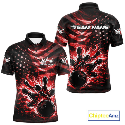 Front and back views of a black mens bowling polo shirt showcasing a red flame bowling ball striking pins with American flag-inspired artwork.