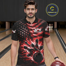Load image into Gallery viewer, Male model wearing a black bowling polo shirt at the bowling lane with red flame bowling graphics and patriotic details.