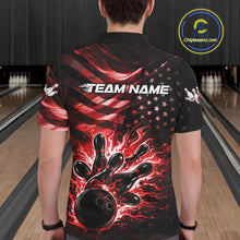 Load image into Gallery viewer, Back view of a male model in a black bowling polo shirt displaying red flame bowling strike artwork and distressed flag accents.
