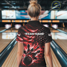 Load image into Gallery viewer, Back view of a female model in a black bowling polo shirt displaying red flame bowling strike graphics and flag accents.