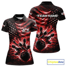 Load image into Gallery viewer, Front and back views of a black womens bowling polo shirt featuring a red flame bowling ball striking pins with American flag-inspired graphics.