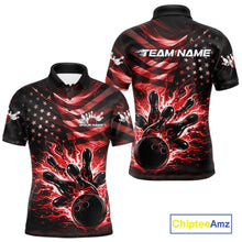 Load image into Gallery viewer, Front and back views of a black mens bowling polo shirt showcasing a red flame bowling ball striking pins with American flag-inspired artwork.