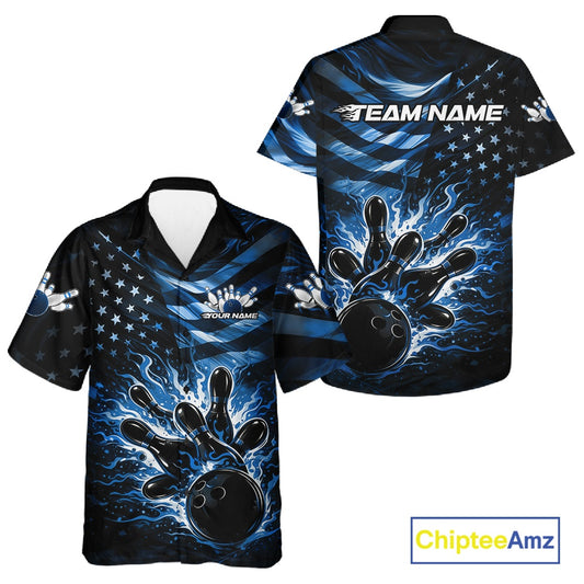 Front and back views of a black button-up bowling shirt featuring blue flame bowling ball artwork with distressed flag details.