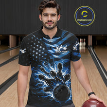 Load image into Gallery viewer, Male model wearing a black bowling polo shirt at the lane with blue flame bowling graphics and patriotic-inspired accents.