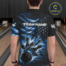 Load image into Gallery viewer, Back view of a male model in a black bowling polo shirt showcasing blue flame bowling strike artwork and flag motifs.