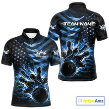 Load image into Gallery viewer, Front and back views of a black mens bowling polo shirt featuring a blue flame bowling ball striking pins with distressed American flag artwork.