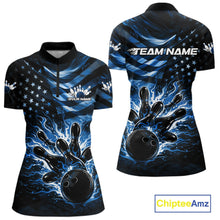 Load image into Gallery viewer, Front and back views of a black womens bowling quarter-zip shirt showcasing a blue flame bowling ball striking pins with distressed American flag accents.